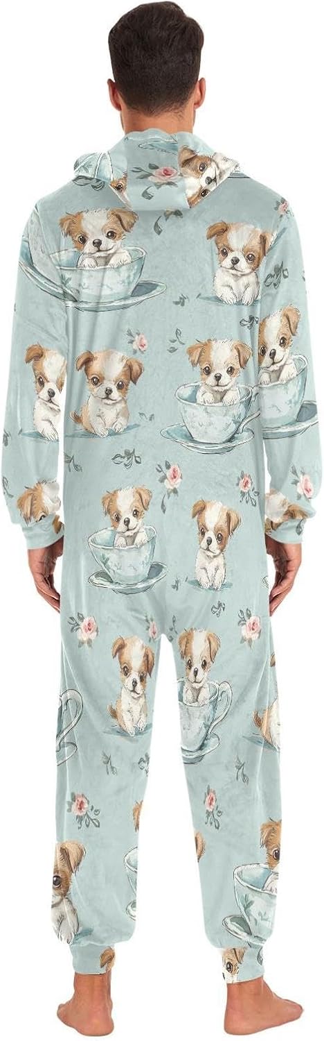 ZZKKO Teacup Puppy Dog Adult Onesie Pajamas for Women Men Cozy One Piece Pajamas Costume Zip-Up Hooded S-XL