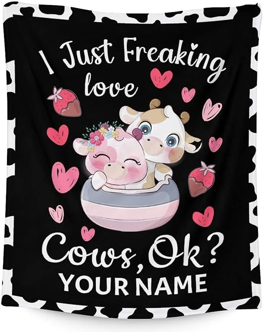 Personalized Cow Blanket Gifts with Name - 30"x40" Cute Throw for Women, Girls - Black Soft Fuzzy Blankets for Couch & Office
