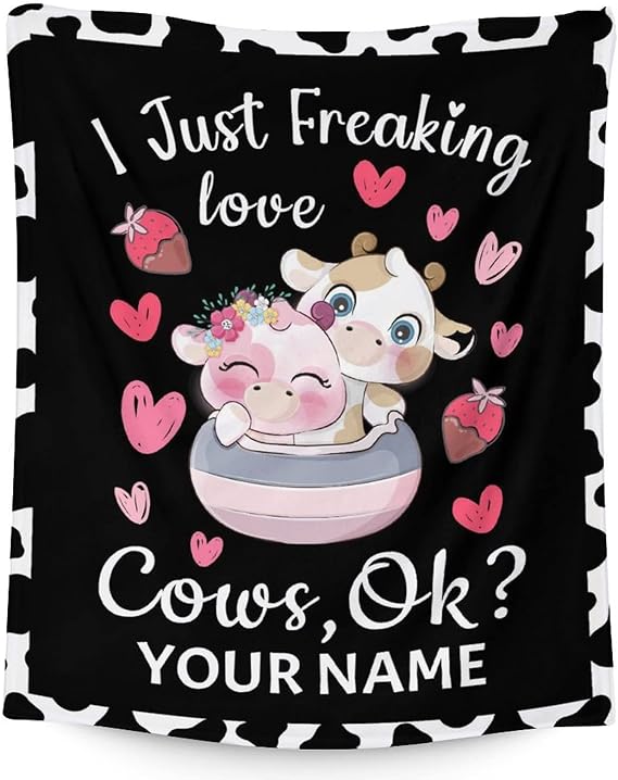 Personalized Cow Blanket Gifts with Name - 30"x40" Cute Throw for Women, Girls - Black Soft Fuzzy Blankets for Couch & Office