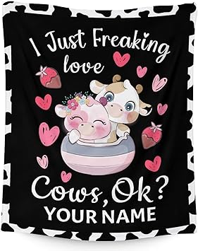 Personalized Cow Blanket Gifts with Name - 30"x40" Cute Throw for Women, Girls - Black Soft Fuzzy Blankets for Couch & Office