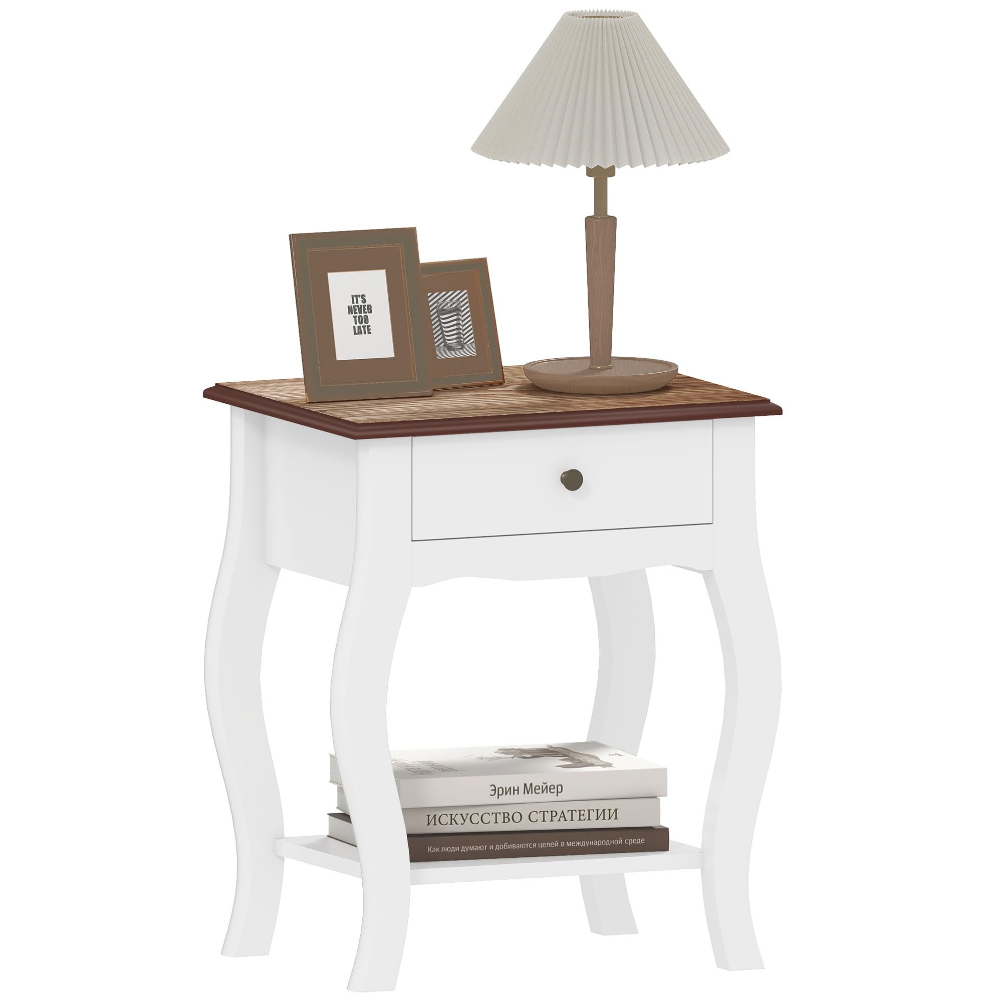 HOMCOM Comodino Camera da Letto con Cassetto e Ripiano Aperto in Stile Francese, Comodino Stretto Salvaspazio in MDF, 45x35x55 cm, Bianco e Rovere