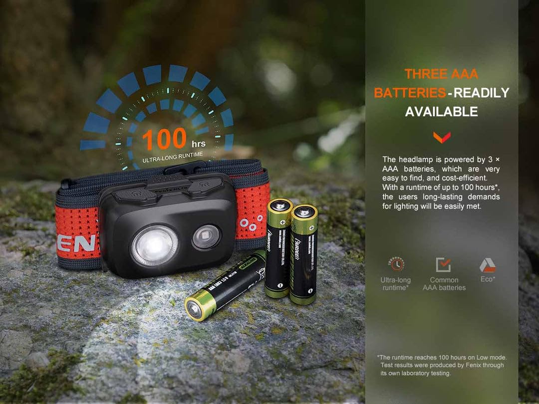 fenix HL16 - Linterna frontal multiusos ligera negra | 450 lúmenes | 104 m | 100 horas máx. | Alimentado por AAA | Modo de luz roja | Función SOS | IP66