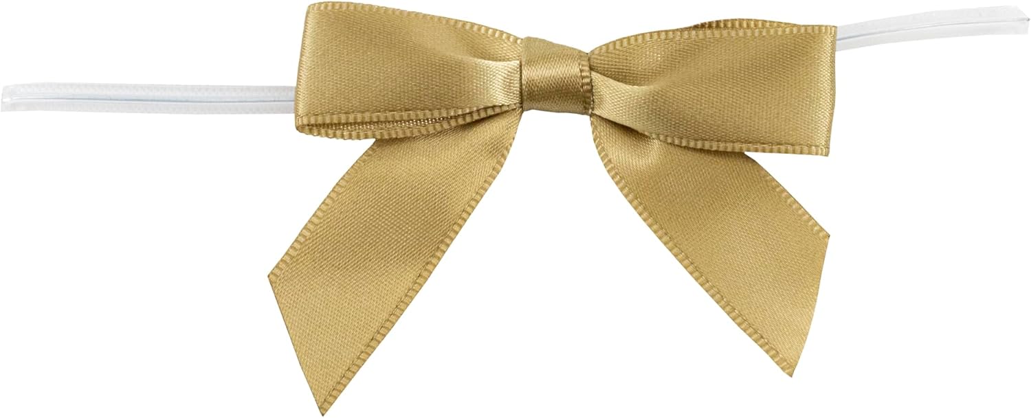 Reliant Ribbon 5171-97403-2X1 Satin Twist Tie Bows - Small Bows, 5/8 Inch X 100 Pieces, Antique Gold