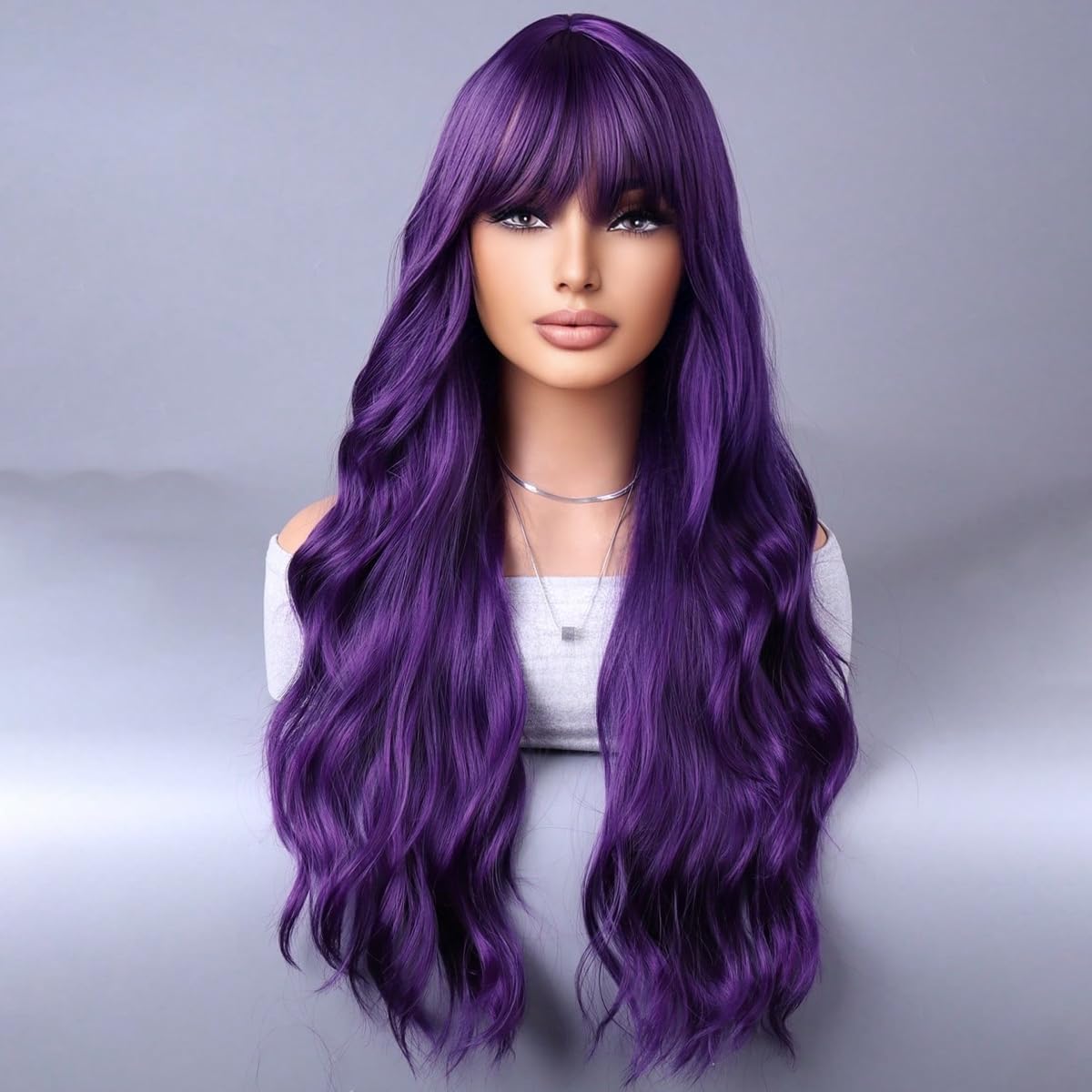 WTHCOS Dark Purple Wigs for Women Girls Long Curly Wavy Dark Purple With Bangs Heat Resistant Synthetic Wigs Halloween Cosplay Costume Wig