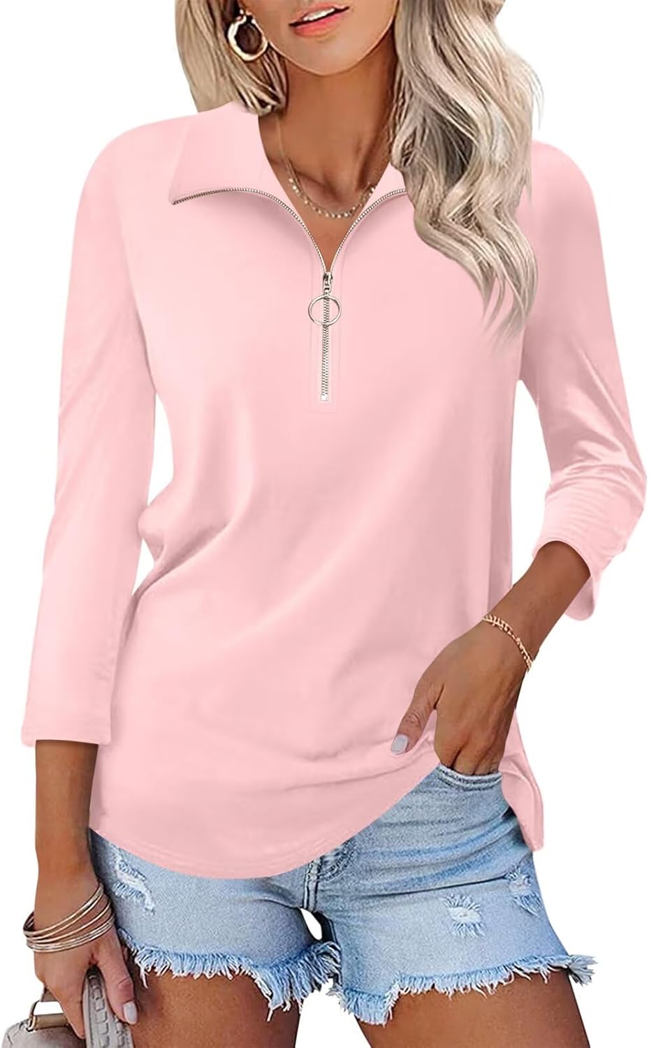 TICTICMISS Women's 3/4 Length Sleeve Tops Collared V Neck T Shirts Polo Zipper Summer Shirts