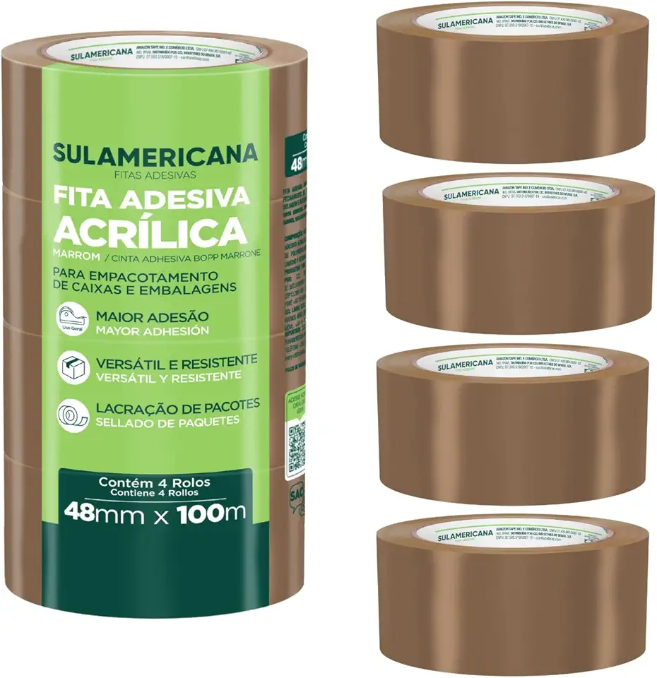 Fita Adesiva Marrom, 48mm x 100m, Alta Aderência e Resistência, para Empacotamento de Caixas, 4 Rolos, 400 Metros Total