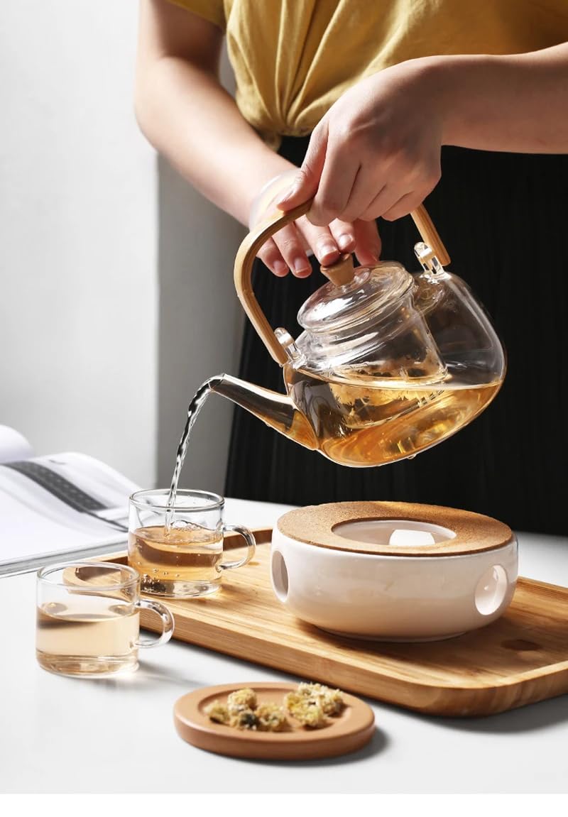 Avastro 1 Liter Glass Teapot Heat-Resistant Borosilicate Boiling Thickened Bamboo Handle Household Tea Set WF 1000ml Pack of 1 2
