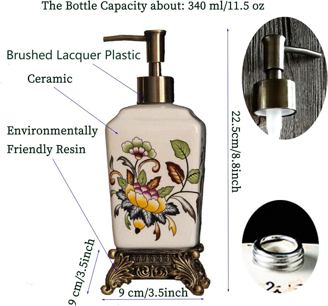 Kelake Ice Crack Ceramic Soap Dispenser for Kitchen Bathroom Colorful Flowers Design Hand Liquid Soap Dispenser with Removable Pump 11.5 oz/340 ml