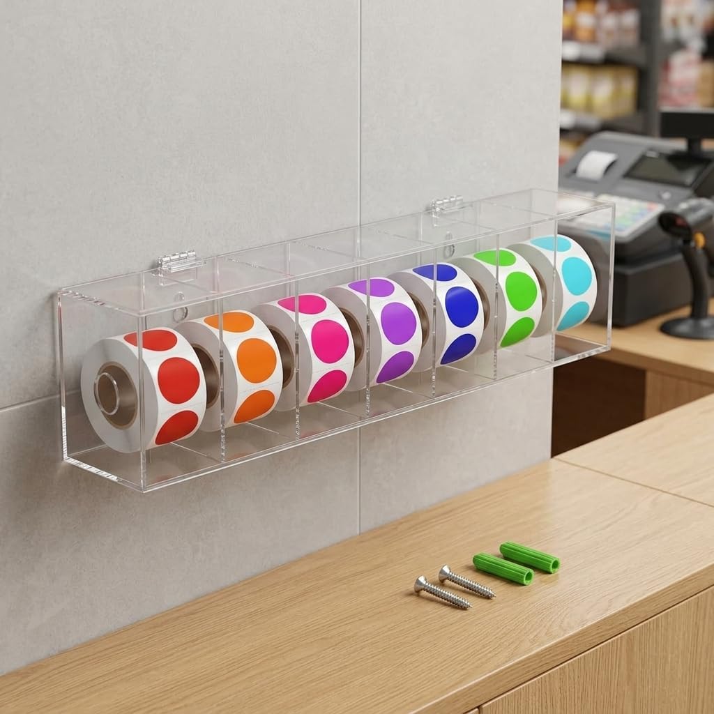 LIFKOME Label Roll Dispenser Clear Covered Seven Slot Wall Mount Holder