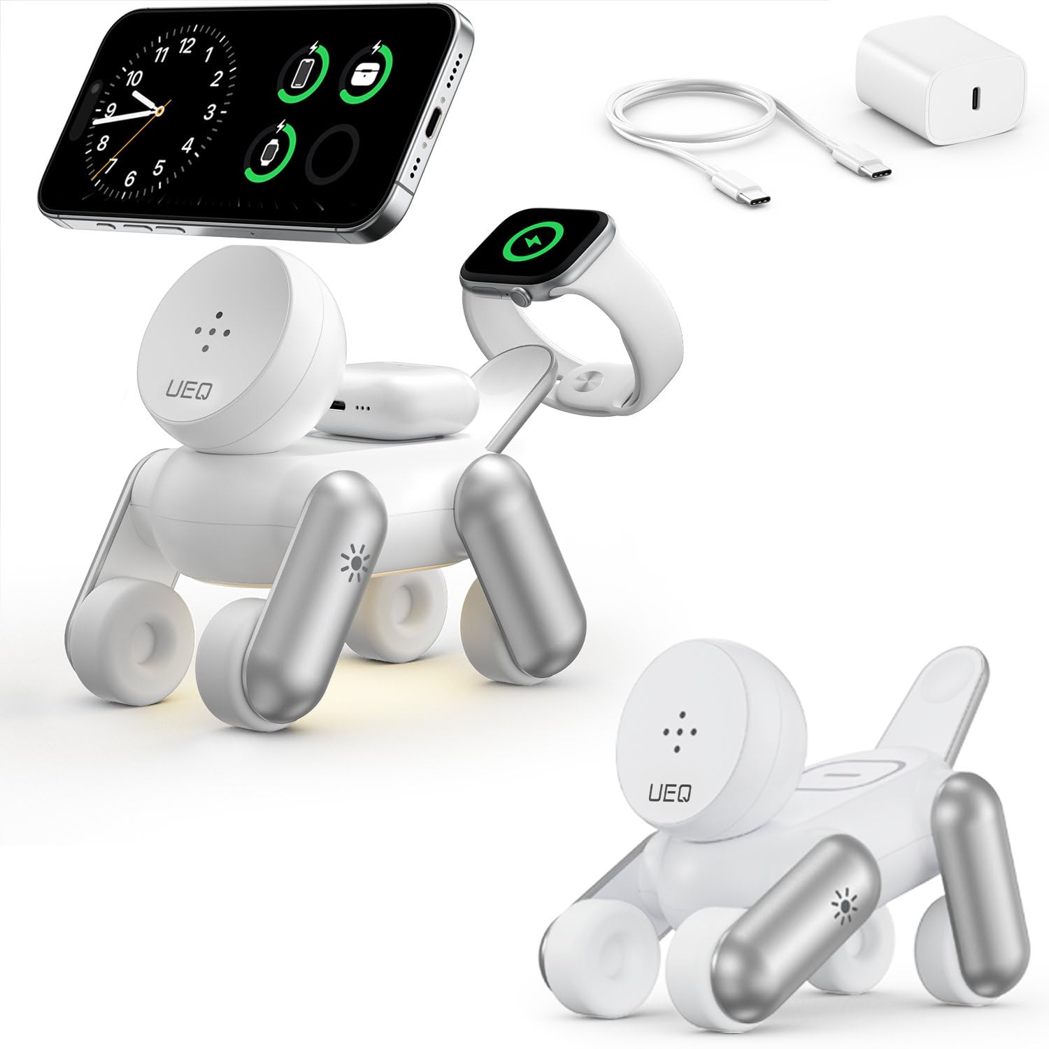 UEQ 3 in 1 Wireless Charging Station for Apple Devices,Foldable Cute Magnetic Mag-Safe Wireless Charger Stand with Night Light for iPhone 17 Air 16 15 14 13 12 Series,AirPods 4 3 2 Pro,Apple