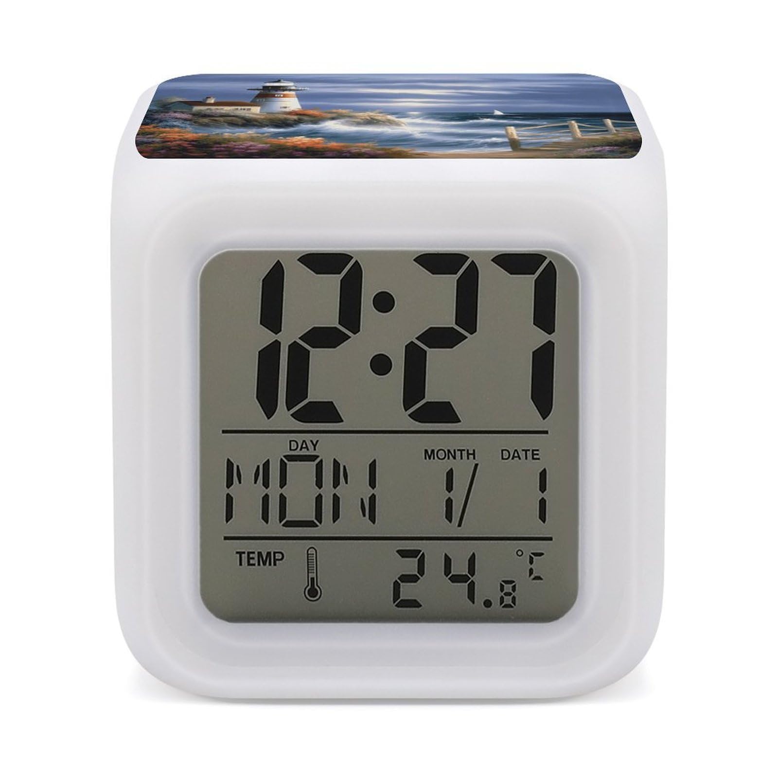 VstaDank Lighthouse Diamond Painting Alarm Clocks with 7 Color Changing Night Light Exquisite Bedroom Digital Clocks with LED Temperature Display Desk Clock Ok to Wake Clocks for Heavy Sleeper
