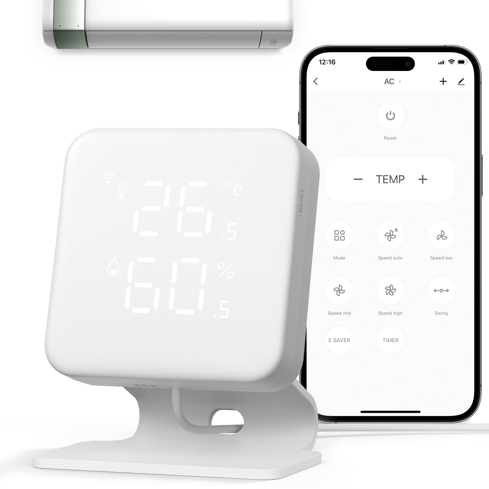 Smart Klimaanlagensteuerung für Split-, Fenster- & Mobile ACS, mit WLAN Thermometer Hygrometer, automatischem Komfort & Energieersparnis, 60-Sekunden-Installation, kompatibel mit Google & Alexa