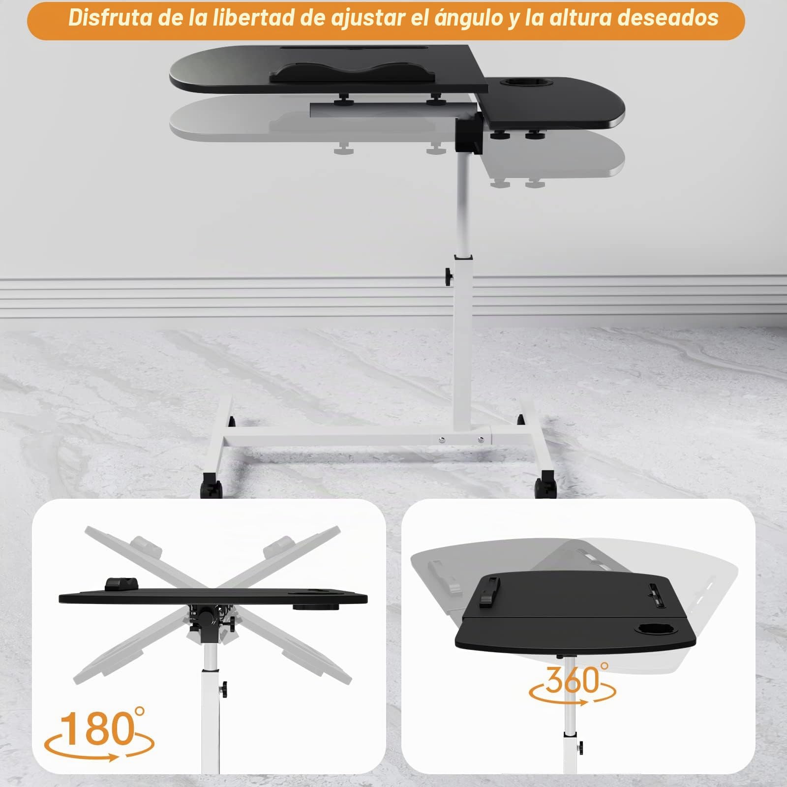 Escritorio Con Ruedas, 60x40cm Altura Ajustable, Flip 180° y Rotación 360°, Ranura Para Taza, Soporte de Lectura, Mesa Auxiliar Para Cama Sofá, Negro