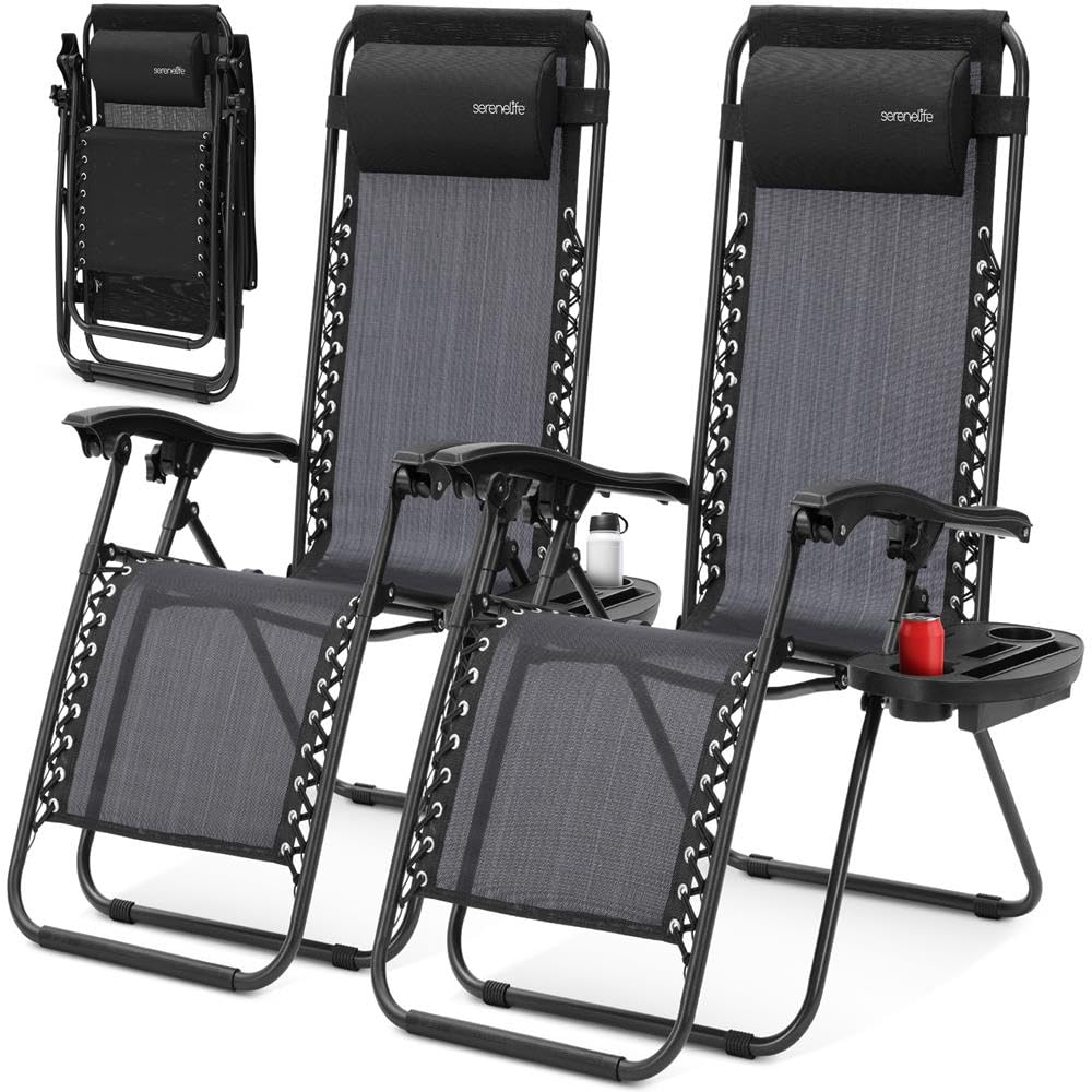 SereneLife Lot Set de 2 Chaises Pliantes - Chaise Longue Réglable pour Extérieur avec Table Latérale, Porte-Gobelets, Oreillers Amovibles - Patio, Jardin, Plage - Noir délavé