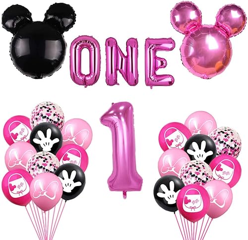 Globos de primer cumpleaños rosa y negro – Cartel de primer año para niñas, un globo para el primer cumpleaños, suministros de fiesta de baby shower