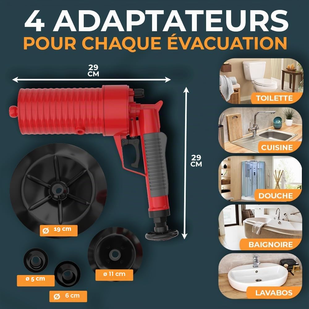 Pistolet deboucheur canalisation [3 bar] - Déboucheur à pompe pour nettoyer rapidement et efficacement les tuyaux - Deboucheur air comprime idéal pour la cuisine, la salle de bain et les toilettes !