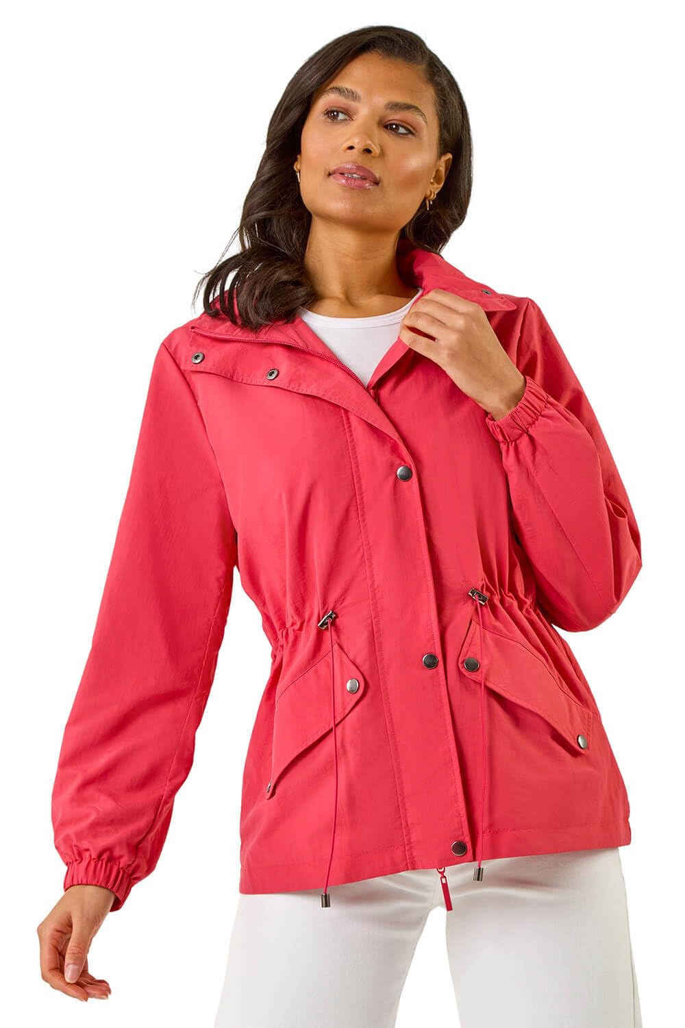 Roman Originals Lightweight Shower Jacket for Women UK - Ladies Everyday Holiday Spring Summer Funnel Neckline Comfy Soft Evening Vacation Work Party - Coral - Size 16