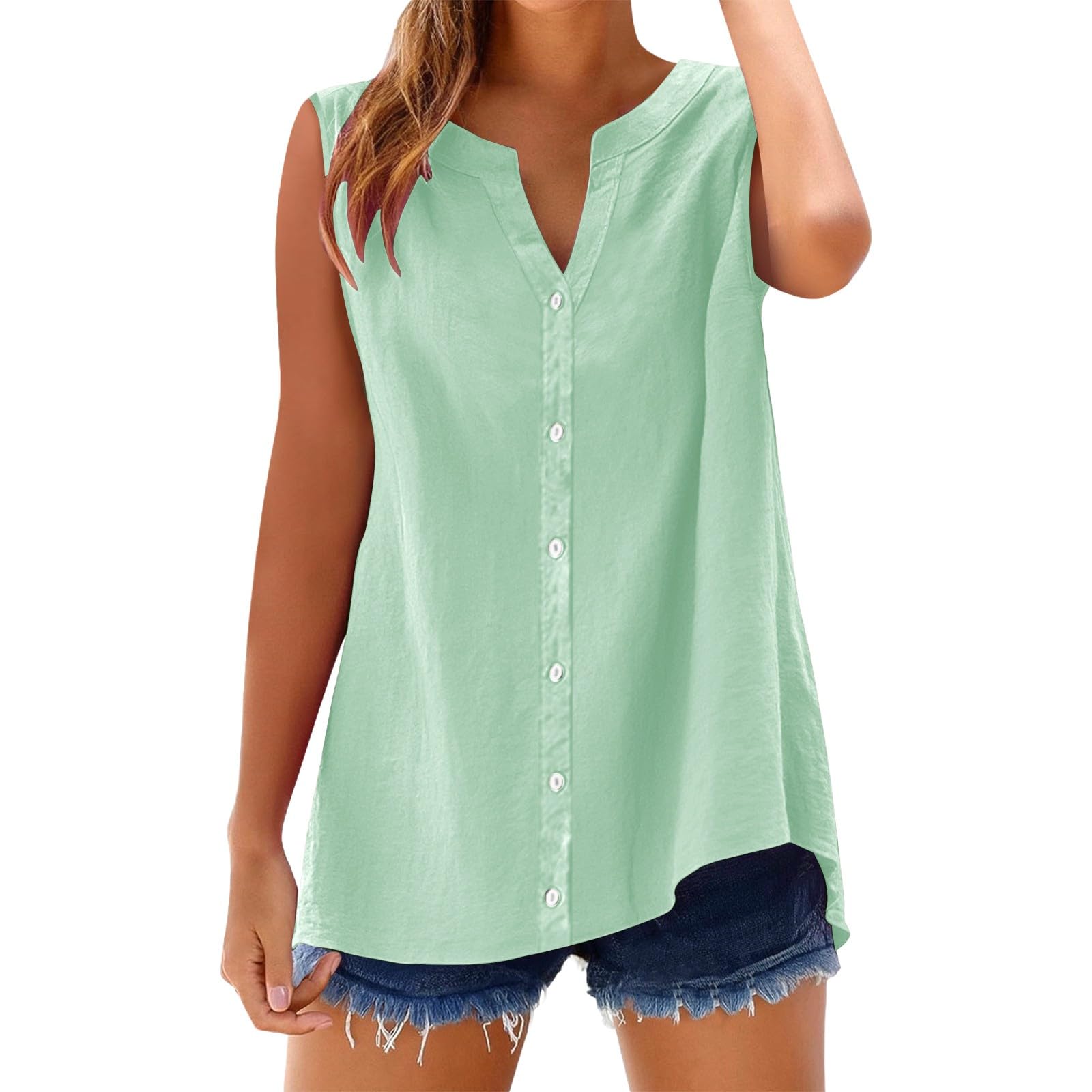 Womens Cotton Linen Casual Tank Tops Oversize Sleeveless V Neck Solid Color Button Down Shirts Ladies Summer 2025 Vacation Travel Trendy Blouses Plus Size Mint Green