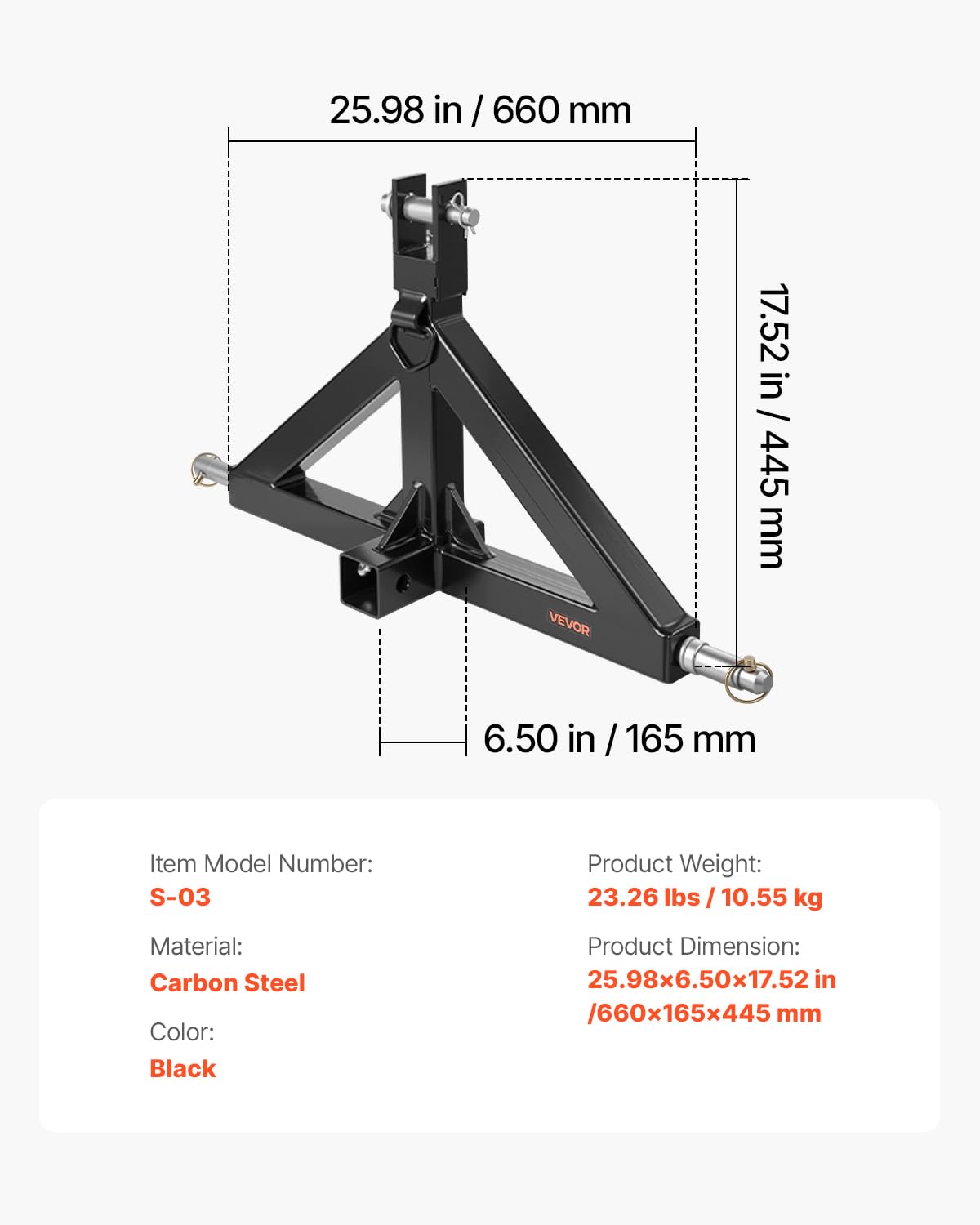 VEVOR 3-Punkt-Anhängerkupplung mit 5,08 cm Empfänger, Dreipunktaufnahme, 1360 kg Kapazität, Traktor-Anhängerkupplungsadapter, kompatibel mit Kubota, Mahindra, John Deere, Massey Ferguson