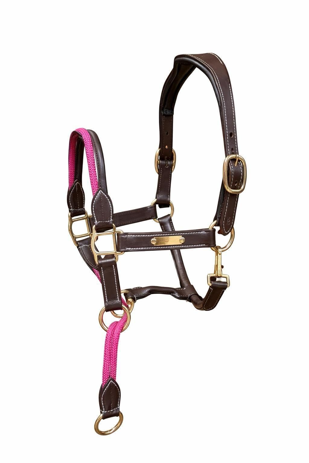 Horse Leather Control Headcollar with Brass Fittings Anatomical Headpiece, Pink/Brown, Cob
