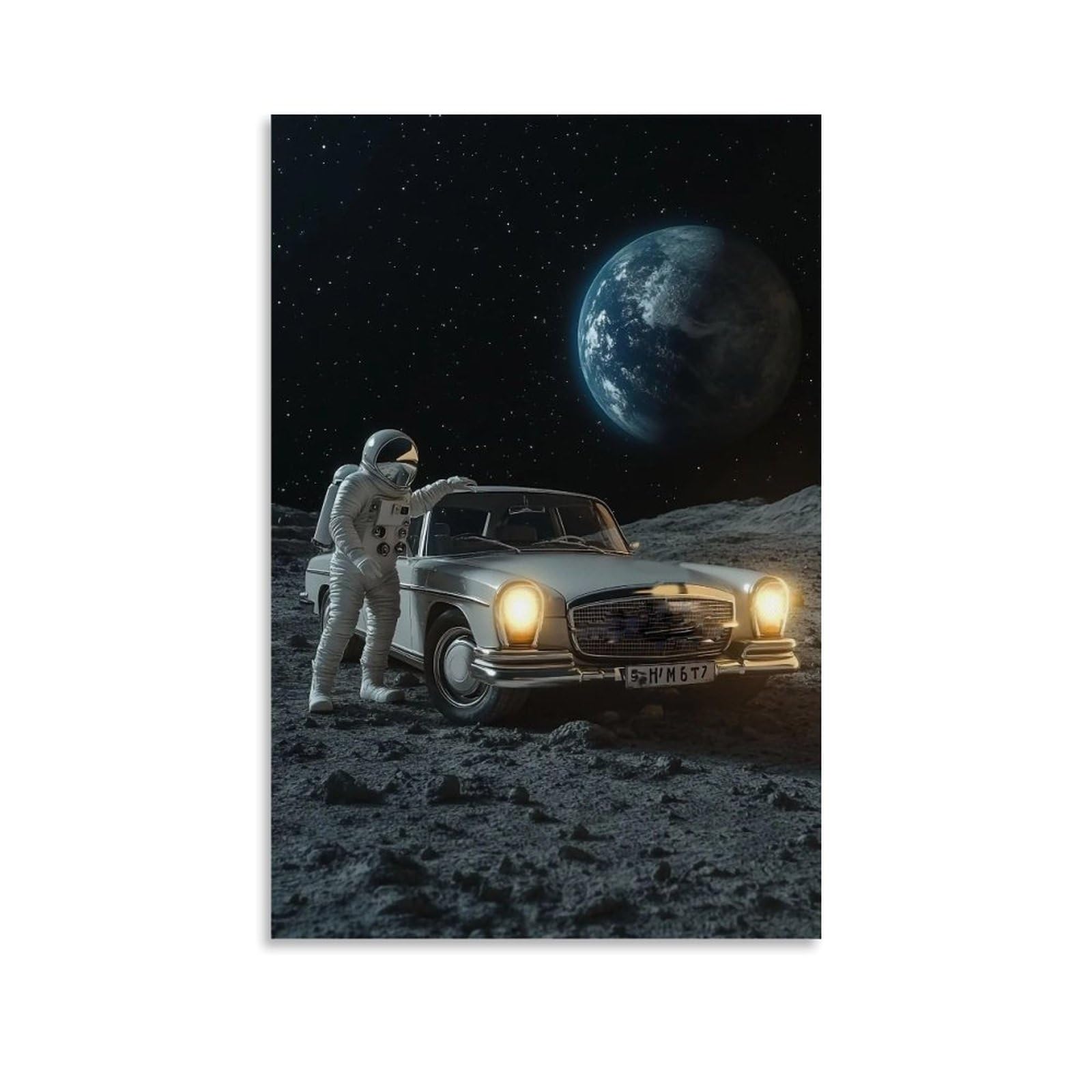 HUERYRYHY Car on The Moon 03 Poster Wall Art Canvas Vintage Aesthetic Painting Decor for Rooms 24x36inch Unframe-style