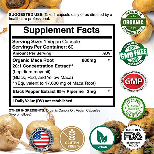 Maca Organic Peruvian Powder Capsules - 17,600 mg Per Capsules - Black, Red, Yellow Root with Black Pepper Extract, Increase Energy, Stamina, Libido Mood, Hormone for Men & Women, 60 Vegan Capsule