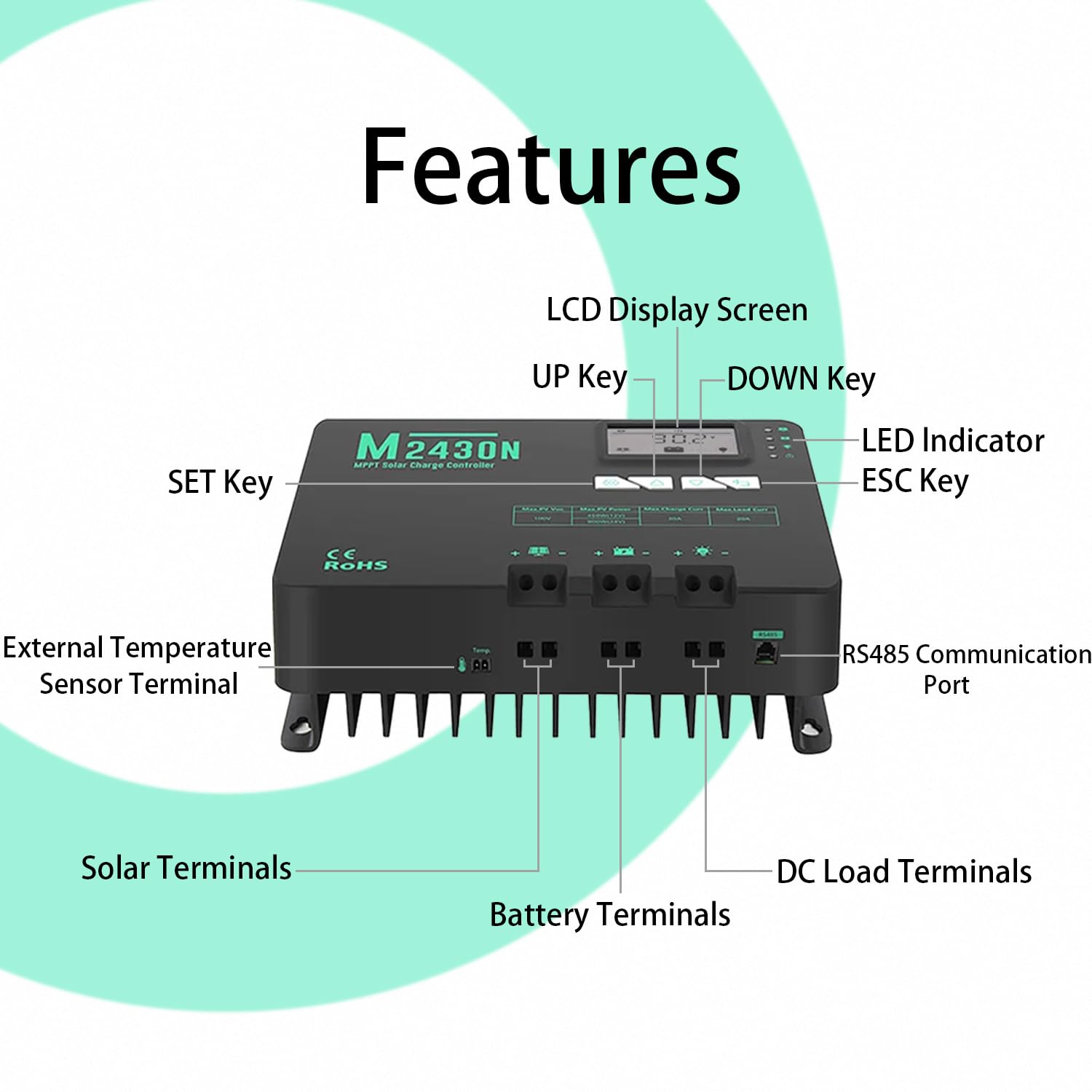 SolaMr 30A Regulador de Carga Solar MPPT 12V/24V con Pantalla LCD para Estaciones base de Comunicaciones y Sistemas Domésticos - M2430N