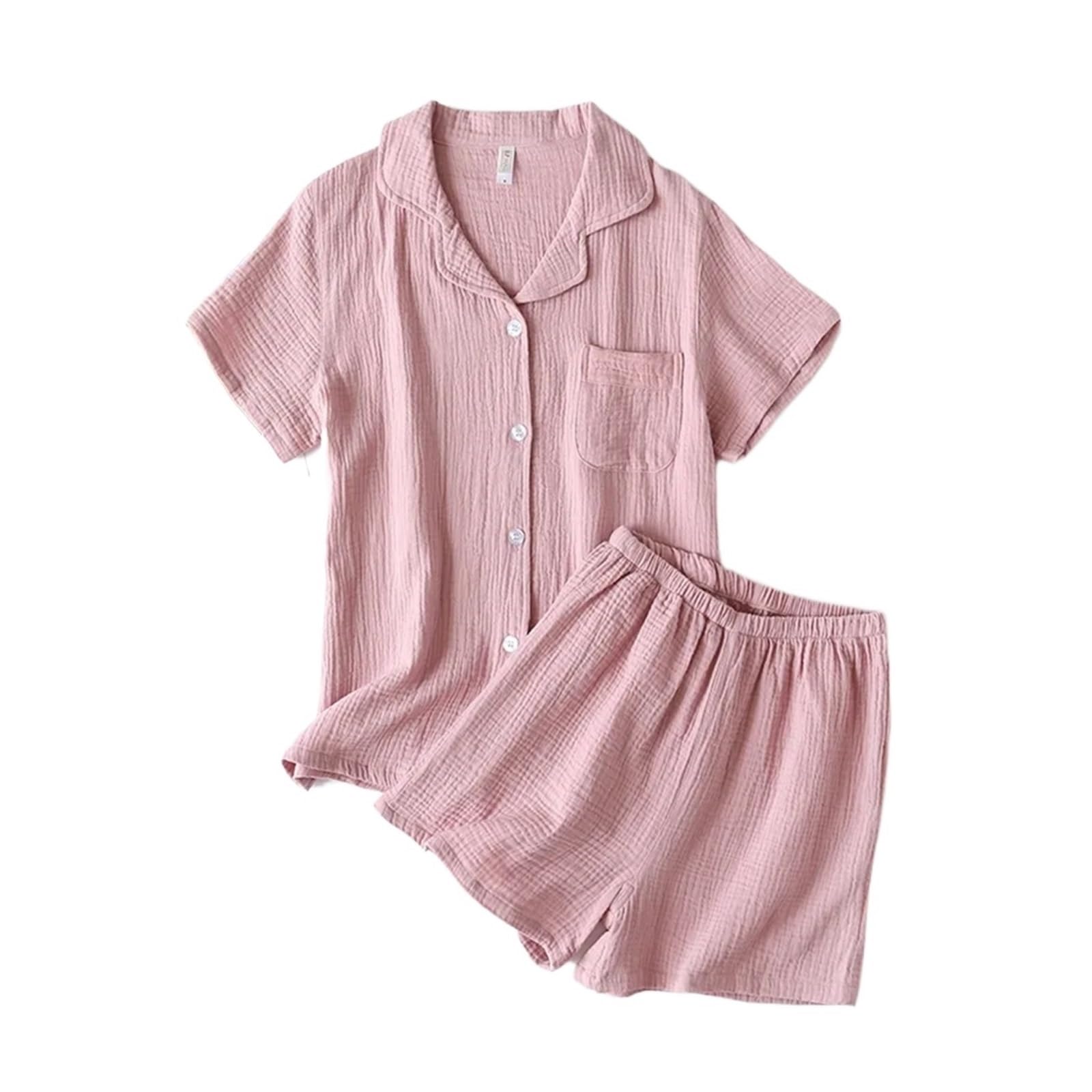 SeñOras Pijama De Manga Corta Conjunto de pijama de verano for mujer, de algodón, de doble capa, tejido lavado, manga corta, pantalones cortos, conjunto de pijama for mujer, ropa de casa de talla gran