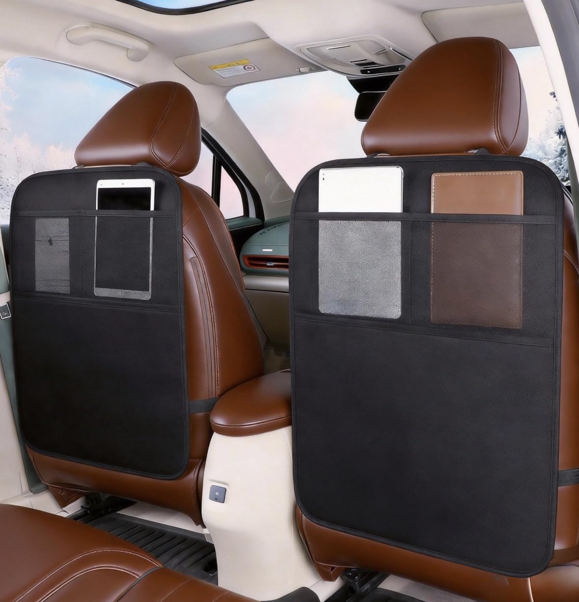 MONKONAR 2 Pack Leather Car Seat Protector - Thick Back Seat Cover for Kids, Kick Mats with Storage Pockets, Protects from Scratches, Spills & Shoes (