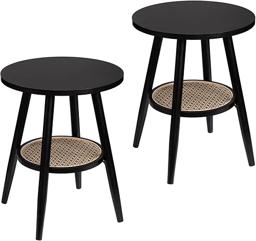 Mesa auxiliar redonda con estante de diseño hueco de madera, mesa auxiliar para sala de estar, mesa negra para espacio pequeño, mesita de noche