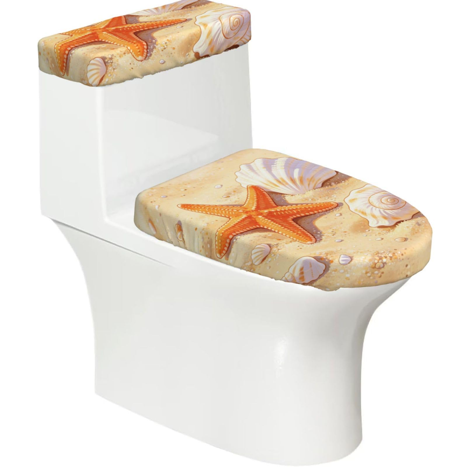 Cntdbu Black Starfish Seashell Art Elastic Toilet Cover Set Of 2-Stretchy Lid And Tank Covers For Bathroom, Soft Washable U Shape Toilet Decor
