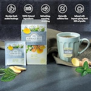 Ahmad Tea Herbal Tea, Ginger, Peppermint, Fennel, Dandelion, & Birch ‘Detox’ Teabags, 20 ct (Pack of 6) – Decaffeinated & Sugar-Free