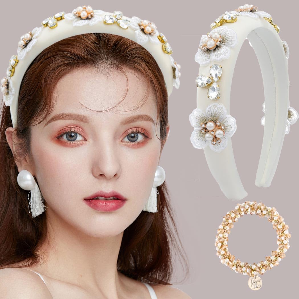 White Wide Headbands for Holiday Soft Padded Hairbands Floral Head Bands Crystal Pearl Rhinestone Head Piece Daily Hair Bands for women - Image 7