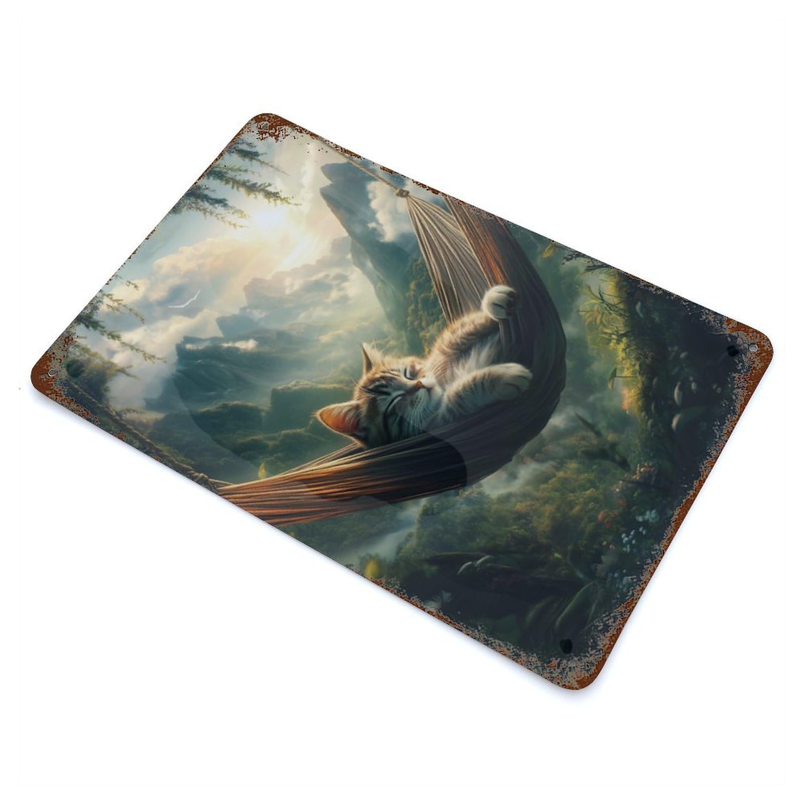 Cat Napping in Hammock Retro Metal Sign 11.8"x7.9", Ideal for Cafe, Home Bar And Lounge Decor