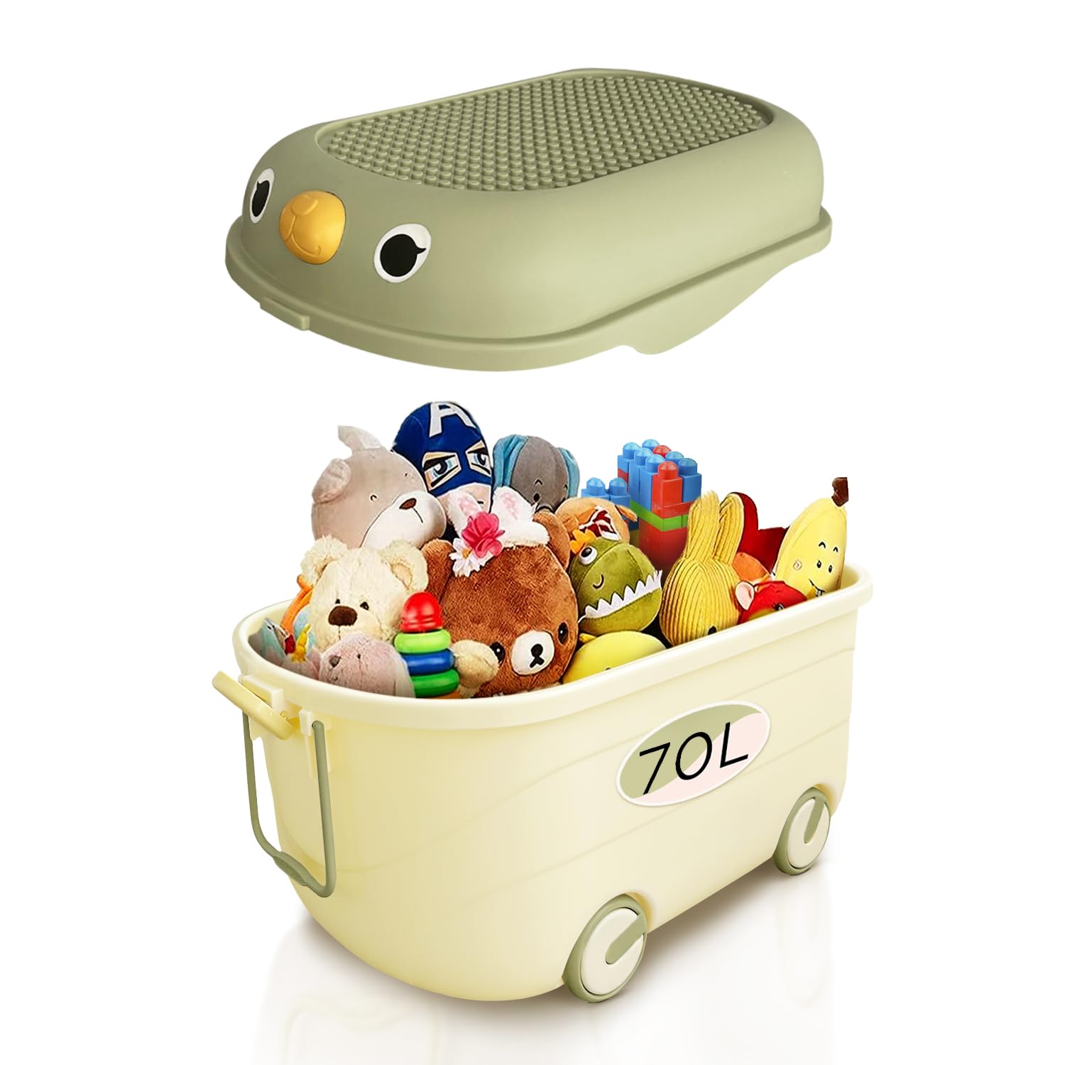 Froppi 70L Toy Box | Toy Storage with Lid | Kids Storage on Wheels | XL Size | Green | L64 W42 H36 cm