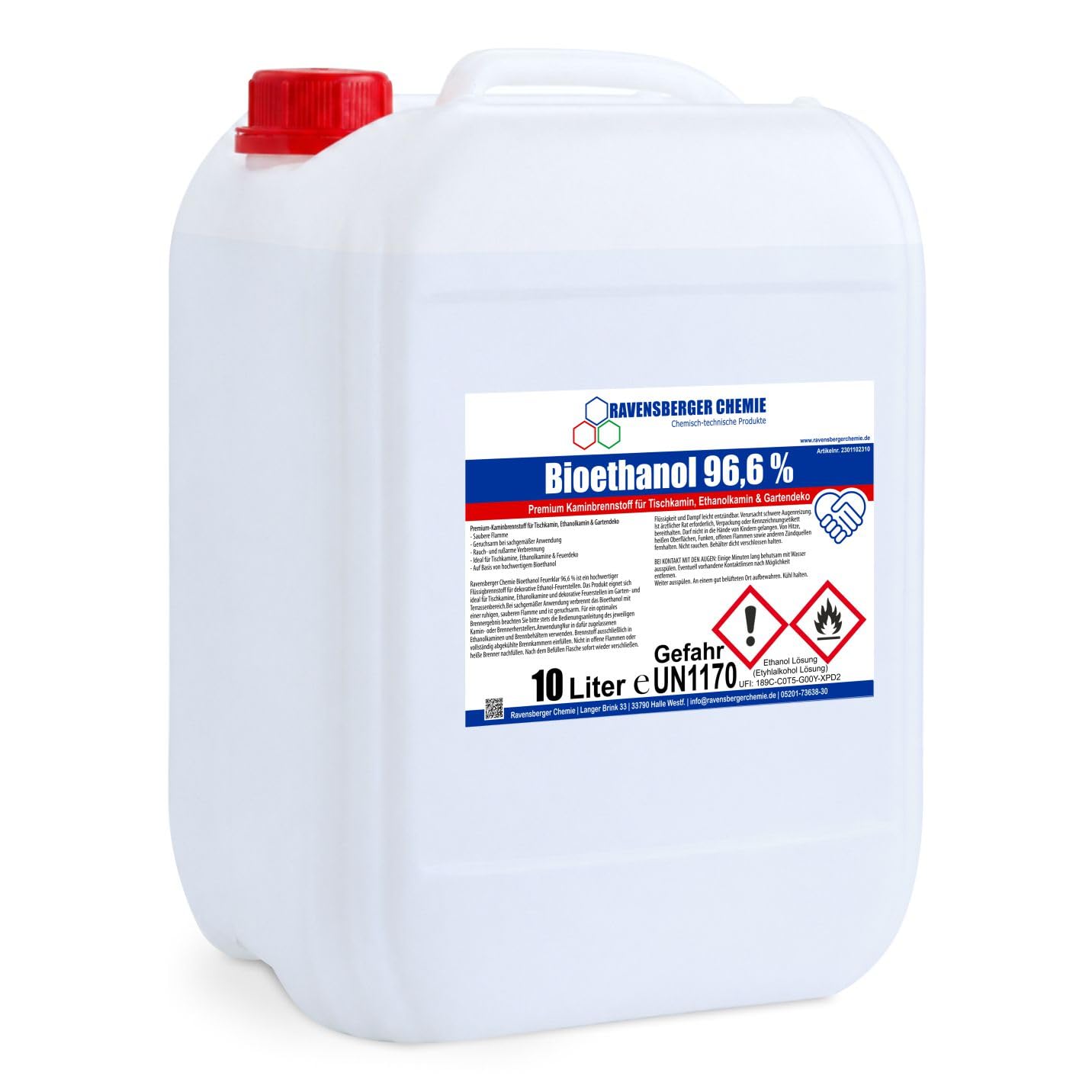 Bioethanol 96,6% - Premium Kaminbrennstoff für Tischkamin, Ethanolkamin, Gartenkamin & Dekorative Feuerstellen, Vergällter Ethanol Brennstoff, Farblos, 10 Liter