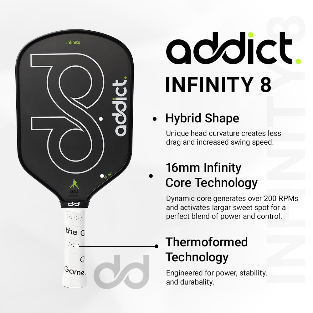 Addict Infinity 8 Pickleball Paddle - USAP Approved - Polymer Honeycomb Core - Premium Japanese Toray T700 Carbon Fiber - Non-Slip Grip - Sweat-Absorbing Black