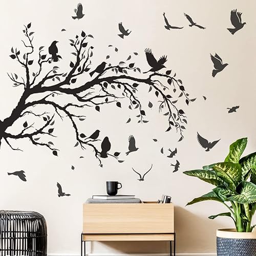 Miniatura 7 de Calcomanía de pared de ramas de árbol negro, pájaros voladores, 50 x 30 pulgadas, calcomanías de pared de hojas de pájaros, despegar y pegar,