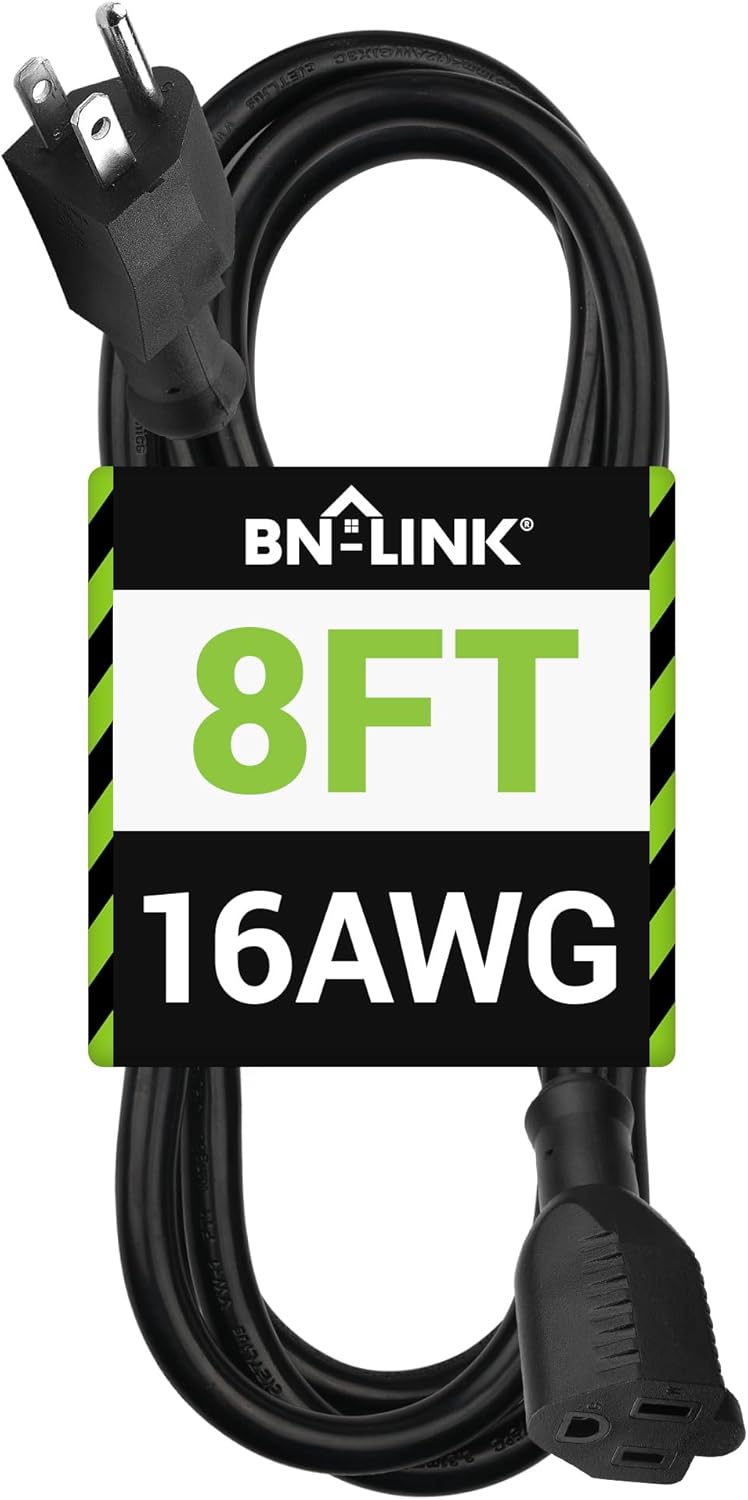 BN-LINK 8 ft Indoor/Outdoor Extension Cord 16/3 SJTW, Black, Water & Weather Resistant, 3-Prong Grounded Plug for Landscaping & Holiday Decorations, Home & Office, 13A ETL - Amazon product rated Grade C
