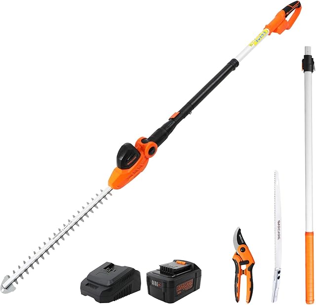 GARCARE Cordless Pole Hedge Trimmer Long Reach 20V 4.0Ah Telescopic Hedge Trimmers Cordless with Battery and Charger Electric Hedge Cutter Shrub trimmer, 450mm Cutting Blade, 16mm Cutting Space