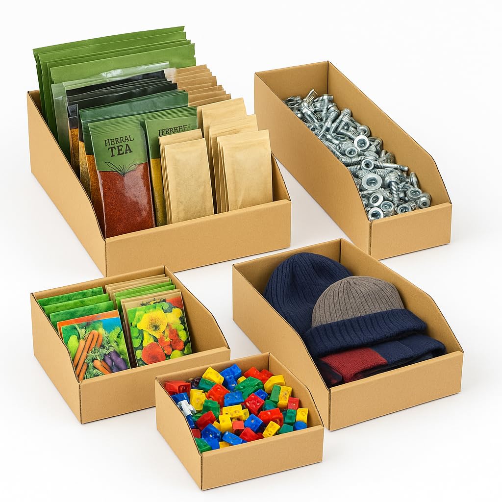 Verdone 10x Lagersichtbox aus Karton 300x100x100 mm– faltbare Karton-Schütten aus Wellpappe – ideal für Haushalt, Küche, Speisekammer, Kinderzimmer (LEGO), Garage & Gartenhaus