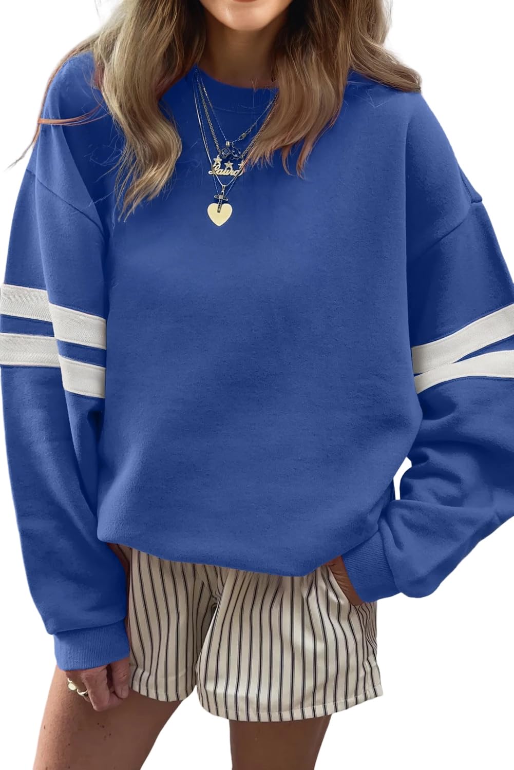 Women Oversized Sweatshirt Crewneck Striped Drop Shoulder Long Sleeve Color Block Pullover Tops-image-44
