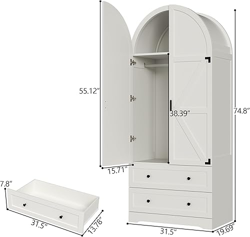 Miniatura 2 de Armario Ropero Blanco de 74.8" con 2 Cajones y 2 Puertas, Armario Alto de Dormitorio Independiente Gabinete de Almacenamiento con Estantes,