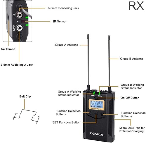 Miniatura 3 de Micrófono de solapa inalámbrico, con bolsa de transporte, comica CVM-WM100 PLUS UHF 48 canales, sistema de micrófono de doble solapa para cámaras