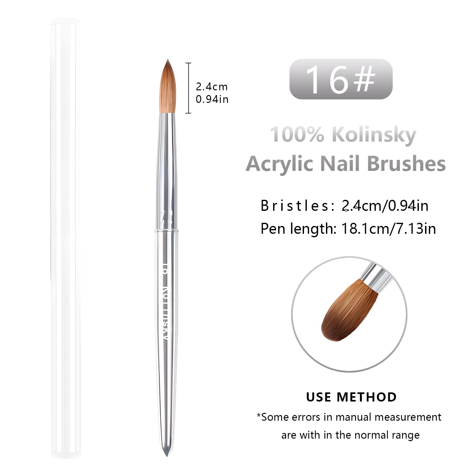 100% Kolinsky Acrylic Nail Brush Size 16, Soft Firm Bristle Brush for Acrylic Application, Fills, Powder, Nail Art, Extension, Gel Nails, Fine Lines, Outlines, for Beginner & Professional (16#)