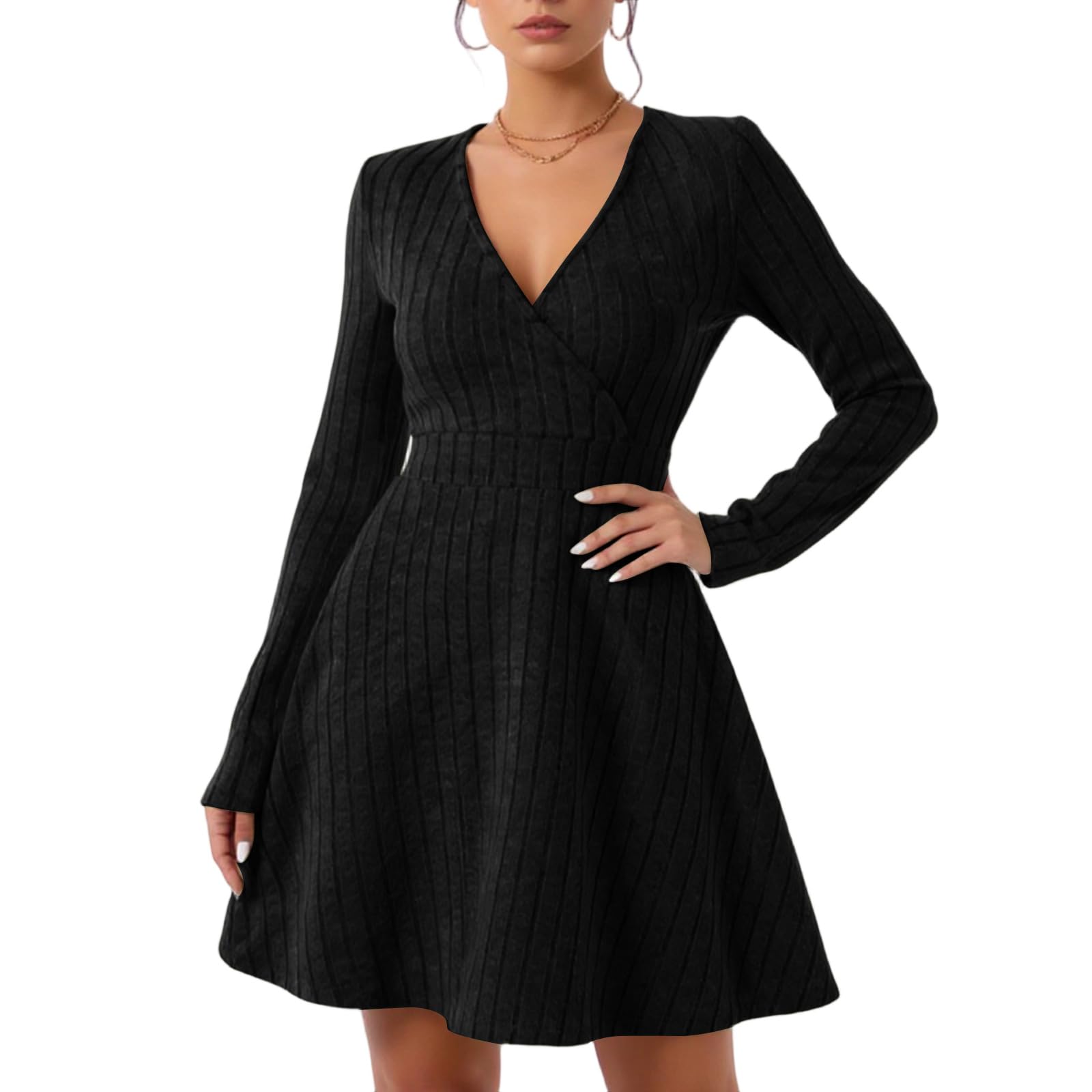 Strickkleid Damen Winter A Linie Pulloverkleid Knielang Kleid Damen Elegant Langarm Winterkleid Curvy Strickkleider V Ausschnitt Kleider Wickel Pullikleid Geripptes Herbstkleid Gestricktes