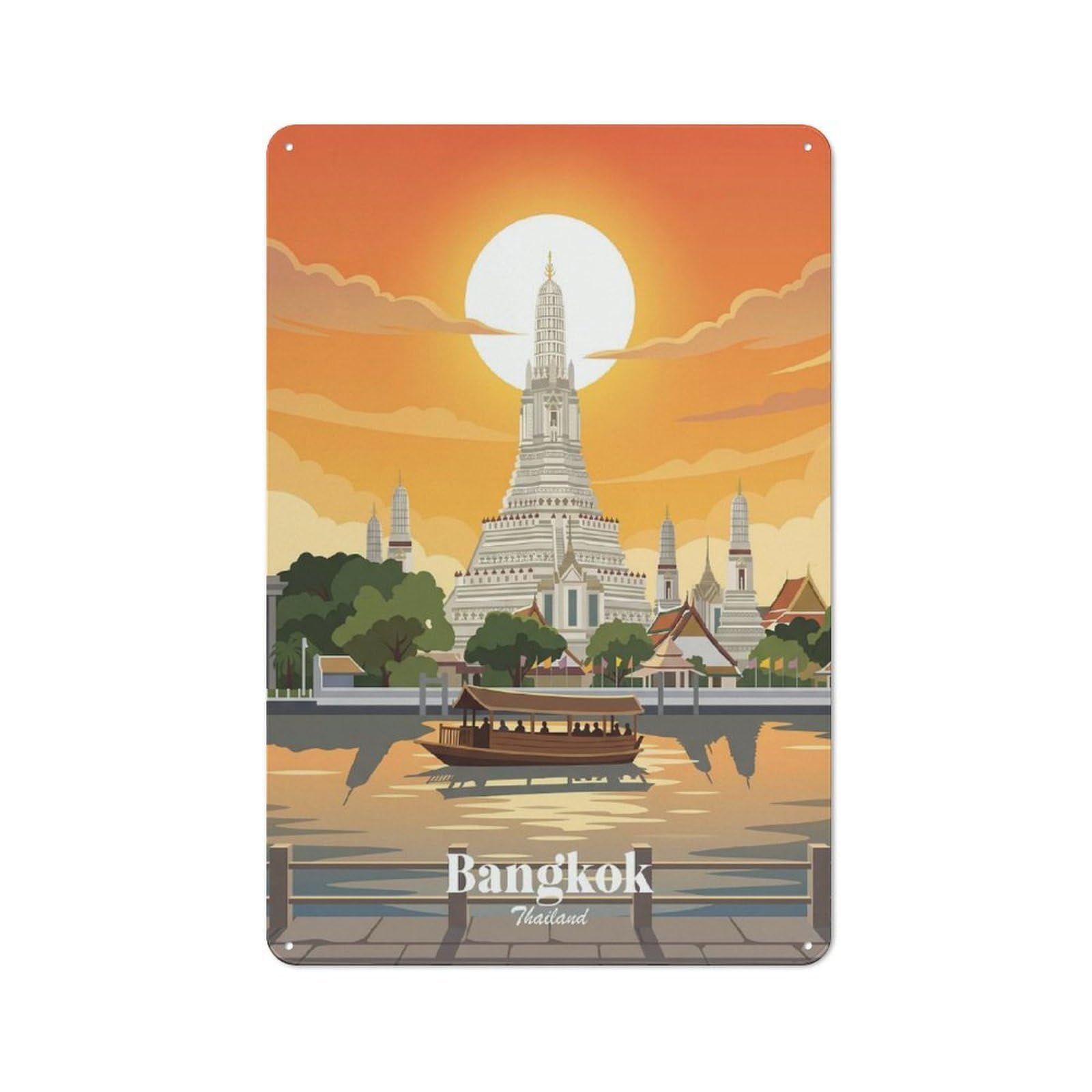 Junmoney Style-8 Bangkok Thailand Wat Arun Sunset Printed Metal Sign 30X20cm For Dining Room Or Kitchen, A Decorative Christmas Gift For Kitchen Wall Decor Lovers