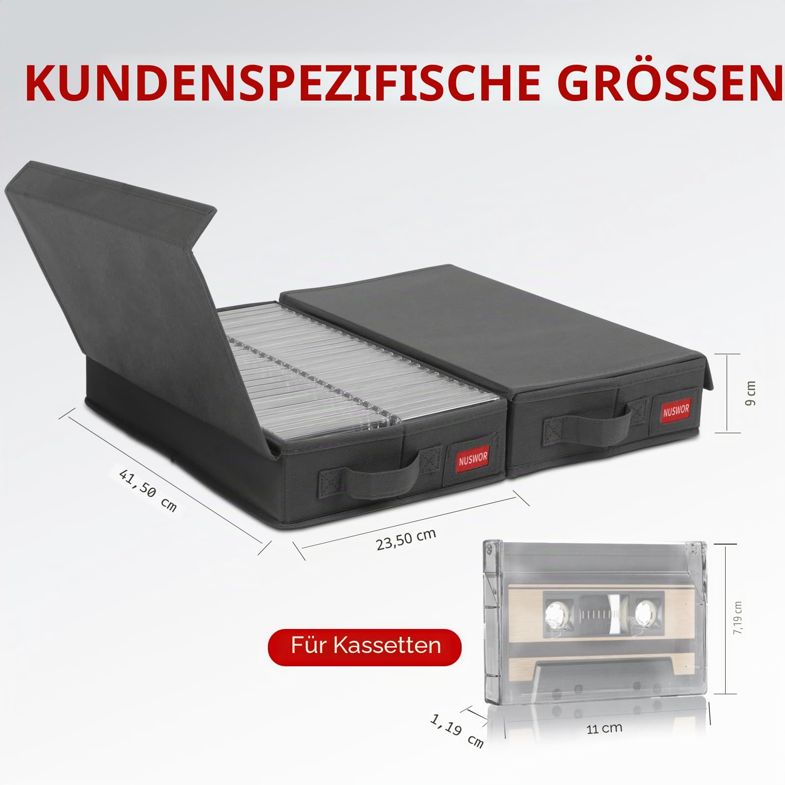 NUSWOR Stapelbare Kassetten-Aufbewahrungsbox – Staubdichte Kassettenregale mit Deckel – Audio-Kassettenhalter 3 Stück – Hält 144 Kassettenhüllen – 16,34 x 9,25 x 3,4 Zoll – Grau