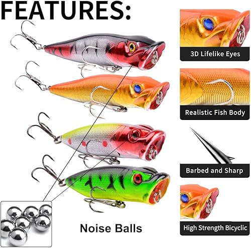 Miniatura 2 de FANGBLUE Señuelos de pesca Popper cebo de pesca Topwater cebos duros ojos 3D Swimbait Crankbait con gancho de agudos para lubina, trucha, agua dulce