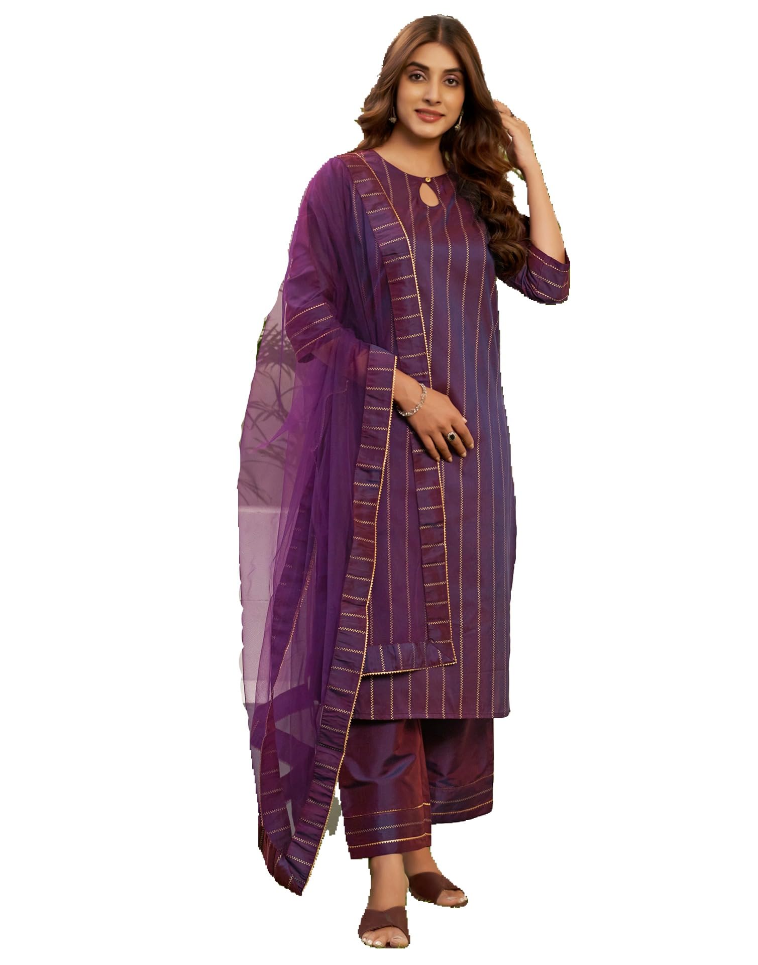 Silk Blend Foil Print and Lace Straight Kurta Set with Dupatta-image-28